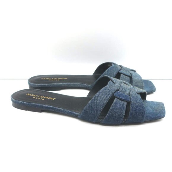 Saint Laurent Denim Tribute Flat Sandals Blue Size 39 Open Toe Mules - Picture 2 of 10